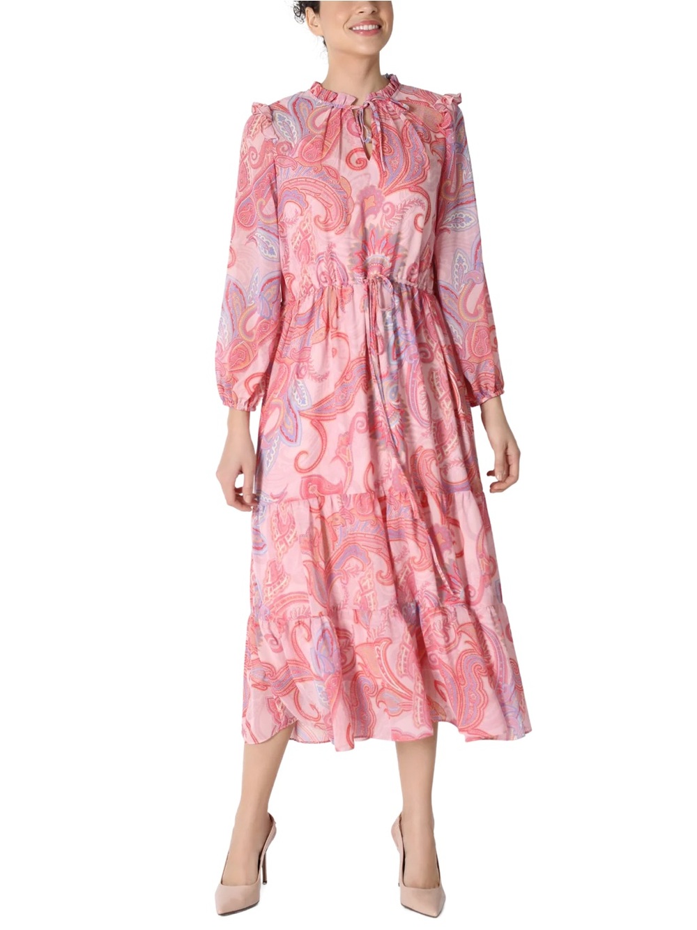 Julia Jordan Paisley Drawstring Waist Long-Sleeve Midi Dress